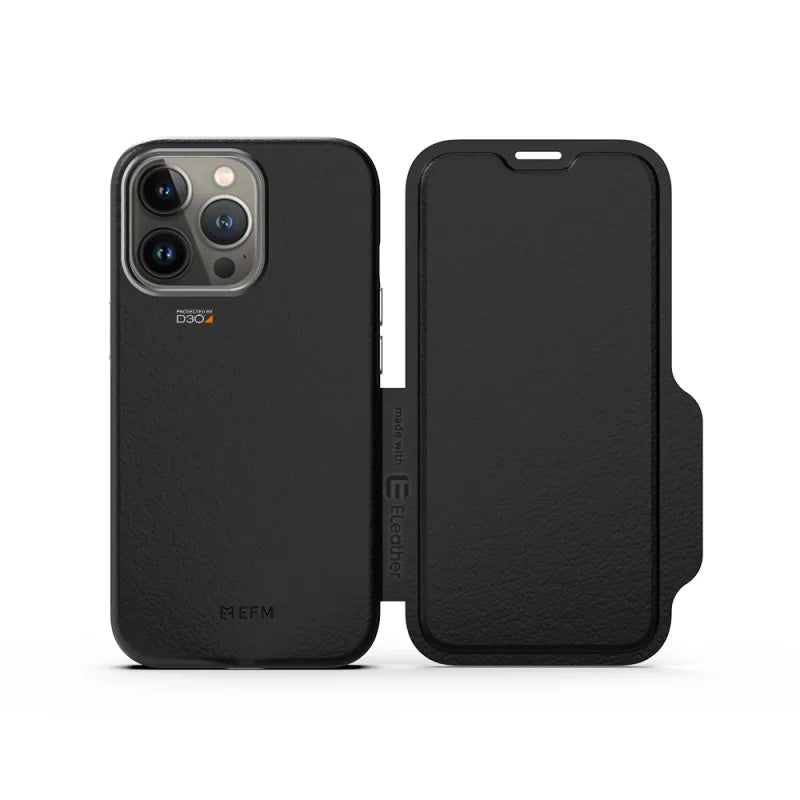EFM Monaco Leather Wallet Case Armour with D3O 5G Signal Plus For iPhone 13 Pro - Black/Space Grey