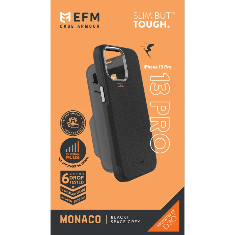EFM Monaco Leather Wallet Case Armour with D3O 5G Signal Plus For iPhone 13 Pro - Black/Space Grey