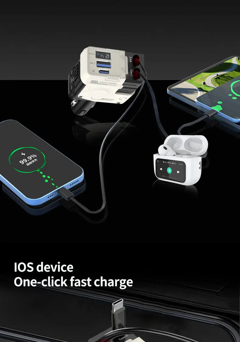 Retractable Car Charger, 4 in 1 Fast Car Phone Charger , 2 Retractable Cables and USB Car Charger