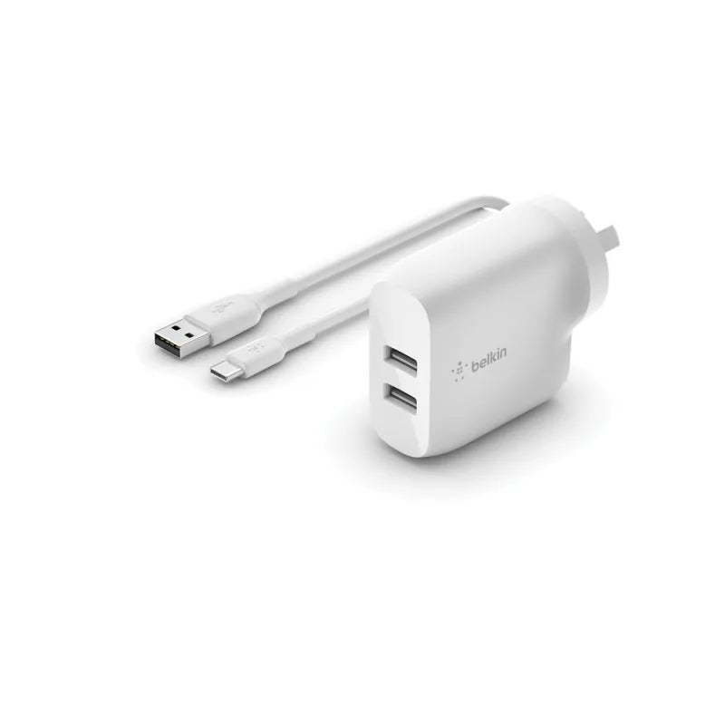 Belkin 24W Dual Wall Charger and USB-A to USB-C Cable Universally compatible - White