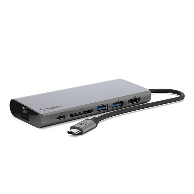 Belkin USB-C 4-Port Mini Hub + Power Pass Through Universally compatible - Grey