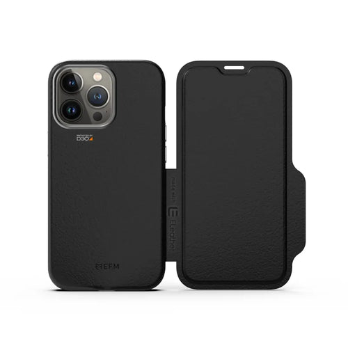 EFM Monaco Leather Wallet Case Armour with D3O 5G Signal Plus For iPhone 13 Pro - Black/Space Grey
