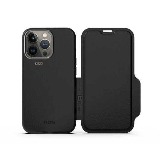 EFM Monaco Leather Wallet Case Armour with D3O 5G Signal Plus For iPhone 13 Pro - Black/Space Grey