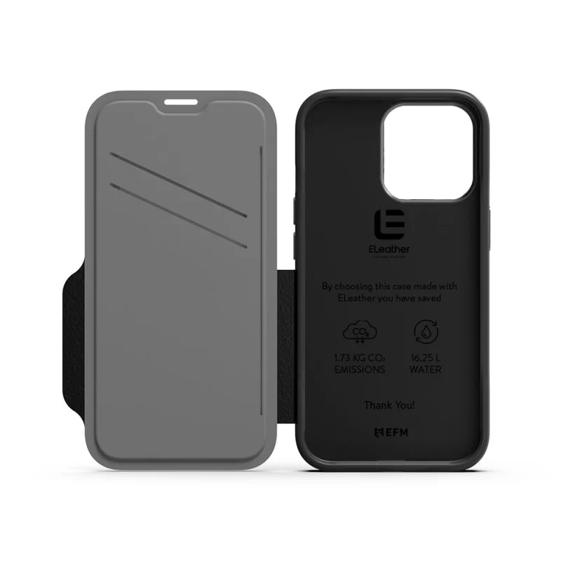 EFM Monaco Leather Wallet Case Armour with D3O 5G Signal Plus For iPhone 13 Pro - Black/Space Grey