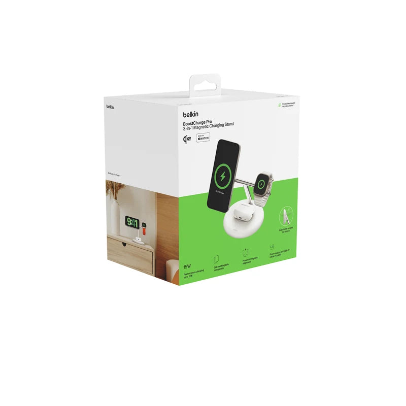Belkin BoostCharge Pro 3-in-1 Magentic Wireless Charging Stand with Qi2 15W - White