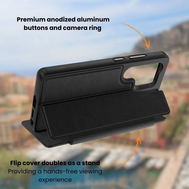 EFM Monaco Vegan Leather Wallet Case with D3O BIO For Samsung Galaxy S25+ - Black