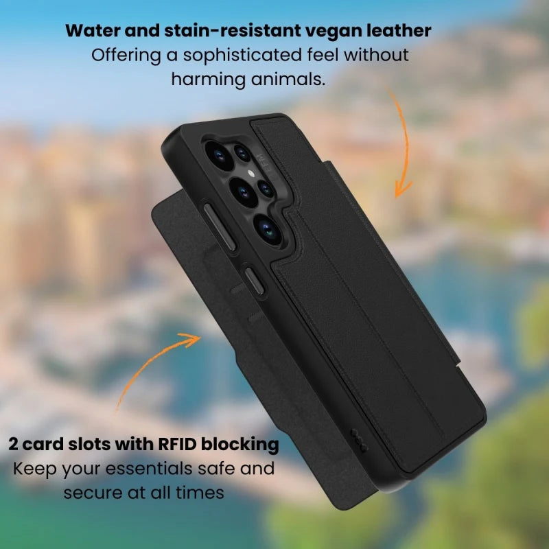 EFM Monaco Vegan Leather Wallet Case with D3O BIO For Samsung Galaxy S25+ - Black