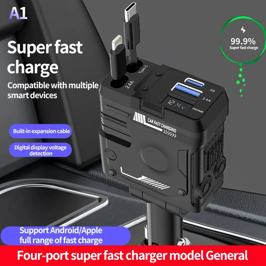 Retractable Car Charger, 4 in 1 Fast Car Phone Charger , 2 Retractable Cables and USB Car Charger