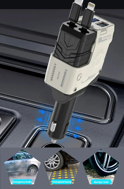 Retractable Car Charger, 4 in 1 Fast Car Phone Charger , 2 Retractable Cables and USB Car Charger