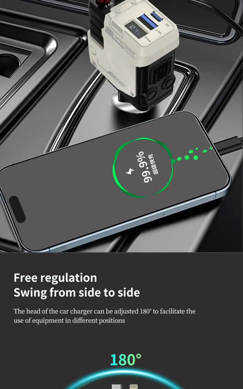 Retractable Car Charger, 4 in 1 Fast Car Phone Charger , 2 Retractable Cables and USB Car Charger