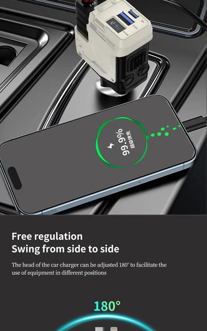 Retractable Car Charger, 4 in 1 Fast Car Phone Charger , 2 Retractable Cables and USB Car Charger