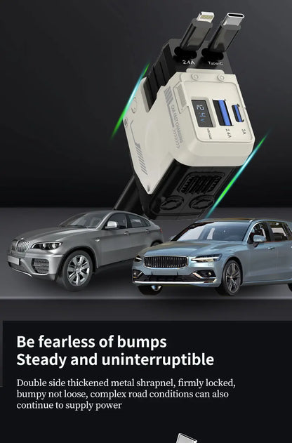 Retractable Car Charger, 4 in 1 Fast Car Phone Charger , 2 Retractable Cables and USB Car Charger